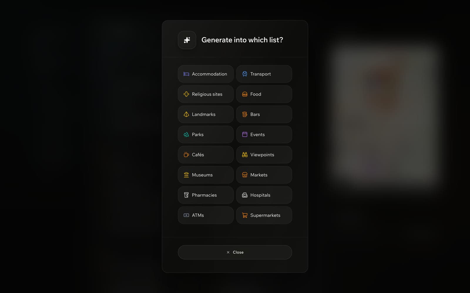 An AI generation panel offering to fill any category — accommodation, food, viewpoints and more — for a stop.
