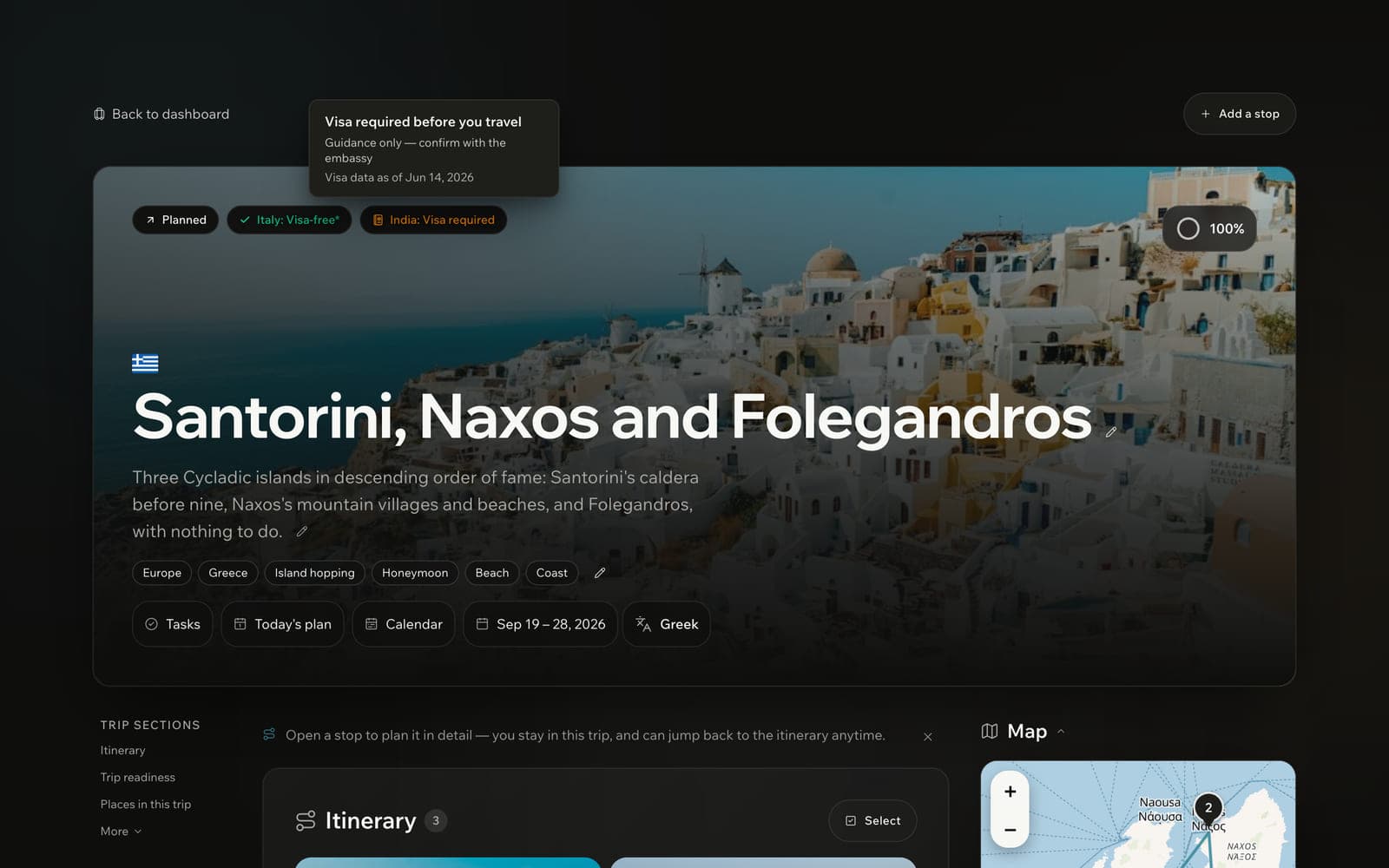 Trip page for a Greek-islands itinerary with two visa verdicts on the trip hero — a green Italy visa-free pill beside a yellow India visa-required pill, the same trip judged for two passports, with the visa-data date shown in the open tooltip.